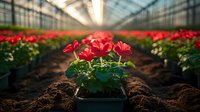 Red geranium flowers growing in modern greenhouse with rows of potted plants. Commercial horticulture and floriculture industry concept for gardening businesses.