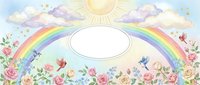 Watercolor rainbow with flowers and sun creating magical sky scene with blank oval frame for text or design elements on white background.
