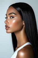 Side profile portrait of young African American woman with glowing skin, long straight black hair, and natural makeup wearing white top against light background.