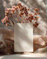 Blank paper card with dried pink baby's breath flowers on beige fabric, soft shadows creating minimalist aesthetic for wedding stationery or invitations.