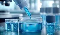 Blue liquid droplet falling from pipette into laboratory glass container with scientific research equipment in modern medical lab setting. For pharmaceutical research.