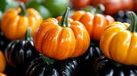 Fresh orange and black decorative mini pumpkins arranged in rows create seasonal autumn ambiance with natural lighting and selective focus for harvest displays.