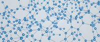 Blue molecular structure network with connected atoms and bonds on light background for scientific research presentations.