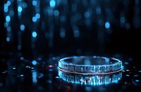 Silver wedding ring with blue bokeh lights reflection on dark surface. Romantic jewelry photography with soft focus background creates magical atmosphere.