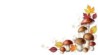 Autumn mushrooms and colorful fall leaves arranged in corner border on white background for seasonal design projects and harvest decorations.