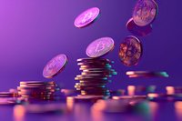 Golden cryptocurrency coins falling onto stacks against purple background, illustrating digital currency investment and financial technology concept.