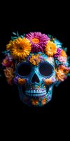 Decorated sugar skull with vibrant gerbera daisies and flowers on black background, featuring turquoise paint and intricate floral patterns for Day of Dead celebration.
