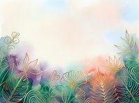 Watercolor botanical background with golden line art leaves and flowers on soft pastel wash, elegant nature art for cards, prints, and decor.