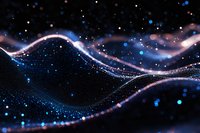 Abstract glowing waves with blue and pink light trails flowing through dark space, sparkling particles and bokeh effects create magical cosmic atmosphere.