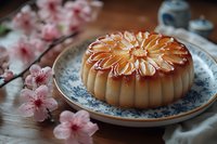 Glazed flower-shaped bundt cake on vintage porcelain plate with cherry blossoms and teapot, moody dark food photography on wooden table surface.