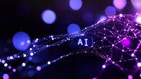 Glowing AI text with purple and blue network connections on dark background, digital neural network visualization showing artificial intelligence concept.