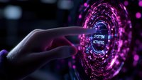 Futuristic holographic interface with glowing purple circles and system activation text, finger touching digital display in dark environment with bokeh effects.