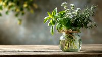 Fresh herbs bouquet with basil, thyme and rosemary in glass jar on rustic wooden table against blurred background.