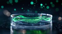 Glowing green particles swirling in glass petri dish against dark background with bokeh effect, creating magical scientific atmosphere for laboratory research concept.