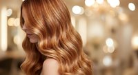 Young woman with luxurious golden brown wavy hair in professional salon setting with warm bokeh lighting for beauty and haircare concepts.