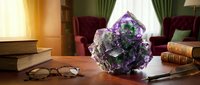 Large purple amethyst crystal cluster on wooden desk in elegant living room with books and reading glasses for home decor and mineral collection display.