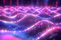 Glowing waves of pink and blue light create dynamic abstract background with sparkling particles and luminous energy streams flowing in cosmic space.