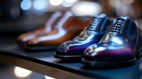 Elegant leather oxford shoes with brogue details displayed on dark shelf, dramatic lighting creates luxurious mood with bokeh effect in background.