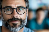 Middle-aged man with full beard and eyeglasses looking at camera in office setting with blurred colleagues in background, representing professional business environment.