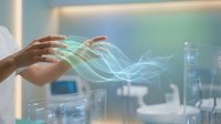 Professional woman scientist conducting digital data analysis with holographic light streams in modern laboratory environment for research presentation.