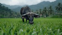 Water buffalo grazing in lush green rice paddy field with palm trees and misty mountains in background, agricultural scene in Southeast Asian countryside.