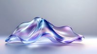 Ethereal flowing glass or liquid form in purple and blue hues against light background, creating dynamic waves and curves with translucent, glossy surface texture.
