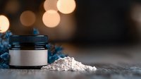 White cosmetic powder and black jar on dark background with bokeh lights and blue flowers, beauty product photography for skincare and cosmetics marketing.