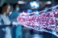 Abstract digital DNA strand visualization with glowing pink and blue particles in medical laboratory setting, blurred scientist in background working.