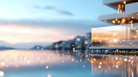 Dreamy coastal restaurant terrace with blurred bokeh lights reflecting on water surface during sunset, creating magical atmosphere for romantic dining experience.