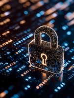 Digital padlock with circuit pattern floating over binary code background in blue and orange tones, representing cybersecurity and data protection concept.