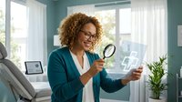 African American female dentist examining dental x-ray with magnifying glass in modern clinic office, professional healthcare worker analyzing patient records.