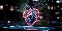 Glowing holographic heart floating above digital tablet screen with pink and blue neon light effects against dark background with bokeh lights.