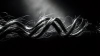 Flowing hair strands in dramatic black and white with dynamic movement and light creating artistic waves against dark background for beauty concepts.