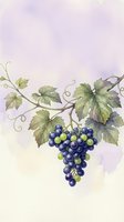 Watercolor grape cluster with green leaves and vine tendrils on soft purple background for wine and vineyard themed designs.