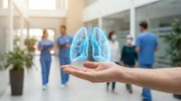 Medical professional holding holographic lungs in hospital with healthcare team background for respiratory medicine and pulmonology concepts.