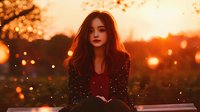 Young Asian woman with long dark hair in sparkly jacket sitting outdoors at sunset with magical bokeh lights and warm golden atmosphere creating dreamy mood.