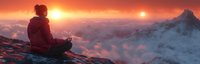 Young woman in red jacket meditating on mountain peak at sunrise, panoramic view of misty peaks and dramatic orange sky with two suns in alien landscape.