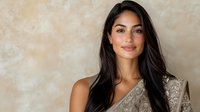 Young Asian woman with long dark hair wearing elegant beige lace dress smiling confidently against textured wall background. Natural makeup and glowing skin for fashion portrait.