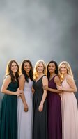 Five diverse bridesmaids in elegant floor-length dresses pose together outdoors with arms around each other in coordinating jewel tones for wedding celebration.