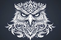 White ornamental owl head with intricate floral and swirl patterns on dark background, featuring fierce eyes and sharp beak. Decorative symmetrical design.
