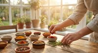 Woman preparing fresh herbs and spices in sunny kitchen with various colorful seasonings in wooden bowls on rustic table for healthy cooking.