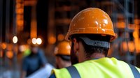 Construction worker in orange hard hat and reflective safety vest supervising night work at building site with illuminated background and blurred coworkers.