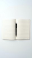 Open notebook with lined pages and black pen on white background for writing, journaling, planning and office work.