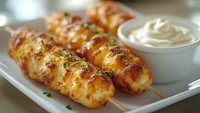 Golden grilled chicken skewers with herbs served on white plate with creamy dipping sauce. Perfect for barbecue, restaurant menu, cooking blog content.
