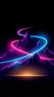 Neon glowing light trails flowing through dark mountain silhouettes with vibrant pink and cyan colors, creating a futuristic digital landscape for modern design projects.