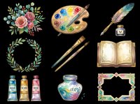 Watercolor art and stationery clipart set isolated on transparent background, featuring palette, brushes, flowers, book, ink, and paint tubes for T-shirts and print on demand.