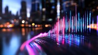 Vibrant neon light waves reflect on wet surface against blurred urban nighttime cityscape with bokeh lights creating dynamic audio visualization effect.