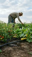 Male farmer in straw hat harvesting ripe tomatoes in vegetable garden with drip irrigation system during sunny day. Agricultural work and organic farming.