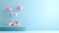 Pink and blue heart decorations hanging over gift boxes on shelf against pastel blue wall, romantic minimal interior design setup with copy space.