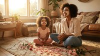 Mother and young daughter with curly hair sitting on floor playing with flower petals in bright living room with natural sunlight, family bonding moment, parenting and childhood joy.